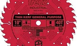 Red circular saw blade, Freud brand, 10" diameter, thin kerf general purpose, 40 teeth, industrial grade.