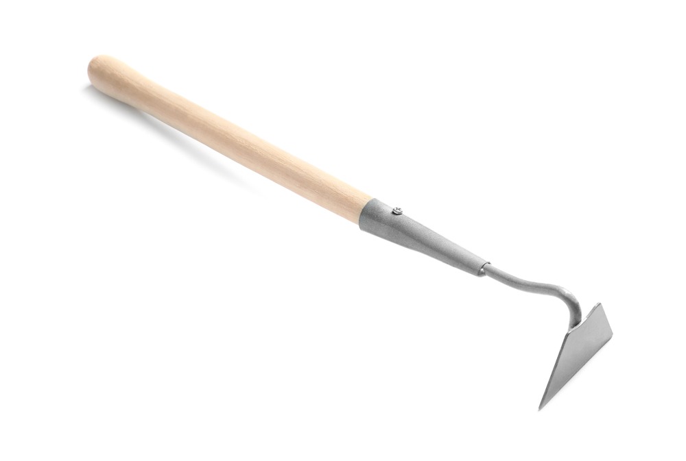 garden hoe, which is a long-handled tool with a thin metal blade used for cultivating soil, removing weeds, and gardening tasks